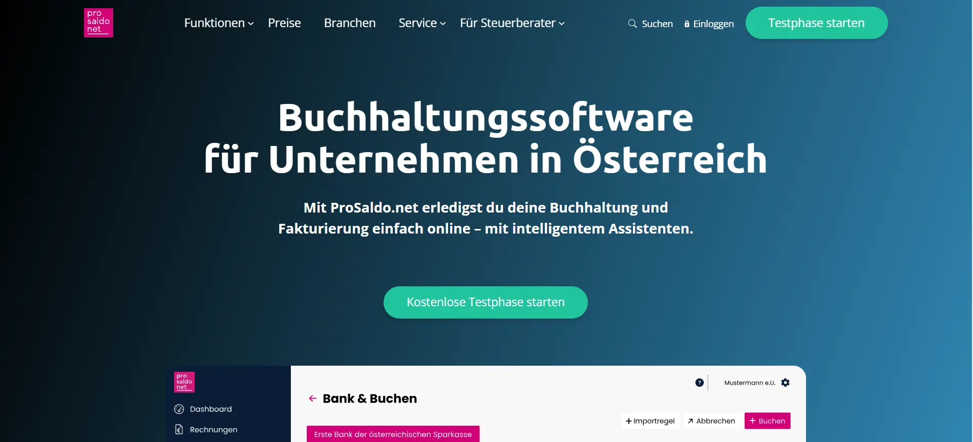 Auf dem Bild ist die Homepage von der Buchhaltungssoftware ProSaldo zu sehen